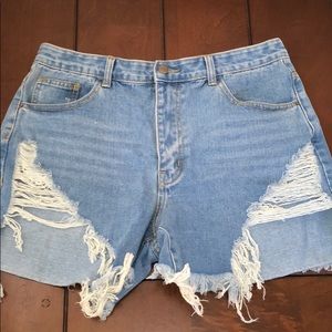 Medium Blue Wash Distressed High Waisted Shorts